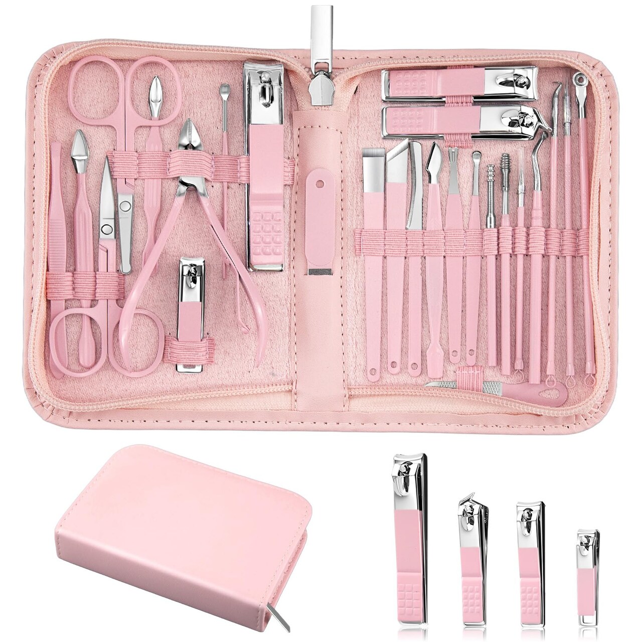 26-Piece Professional Manicure Set, Features Stainless Steel Tools, Carbon Steel Clippers & Travel Case for Women's Home and Travel Grooming,Mother's Day Gifts(Pink)